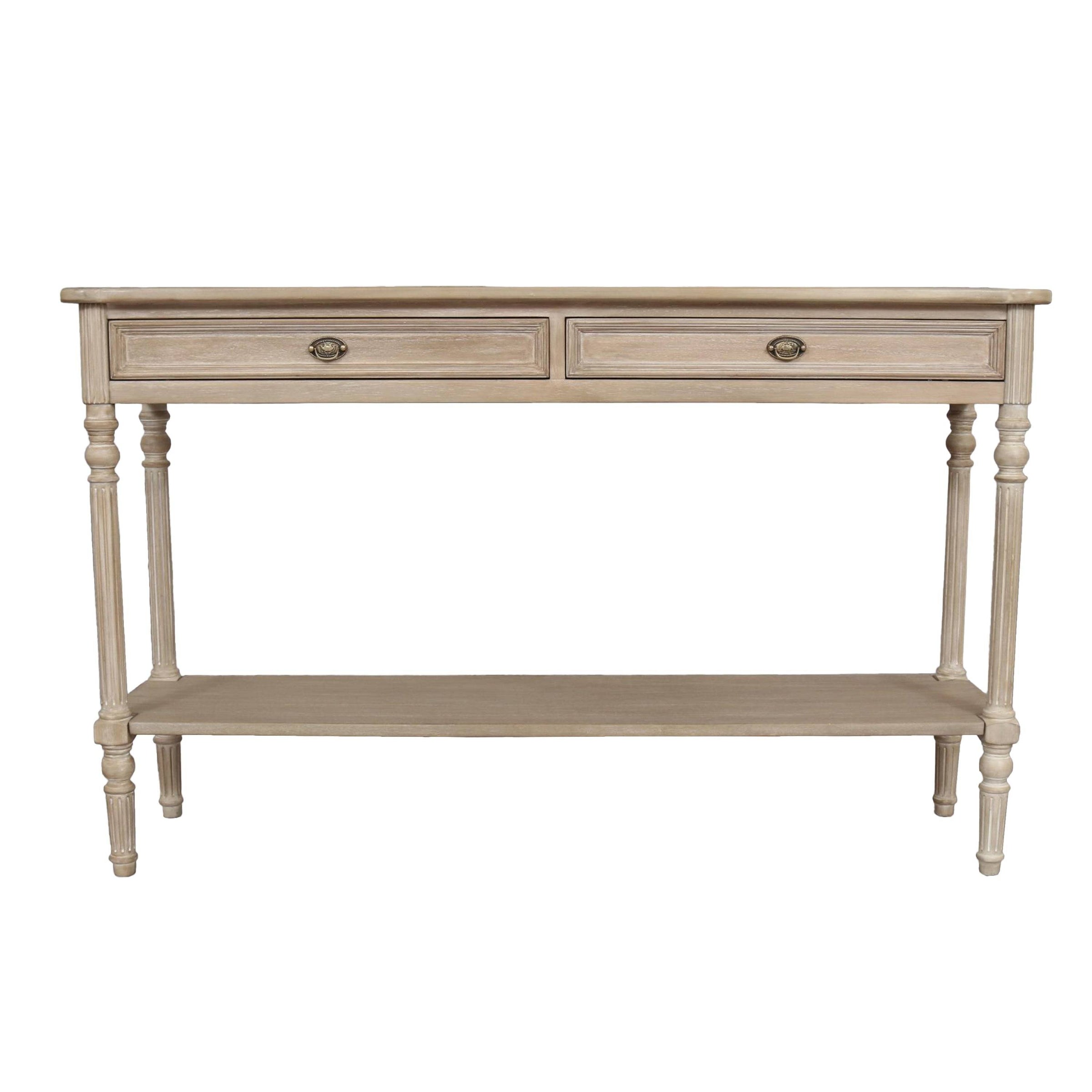 A classic long console table with two useful draws and lower shelf for storage. A hardwood piece made from Mindi wood, finished in an ash lime wash veneer finish.
