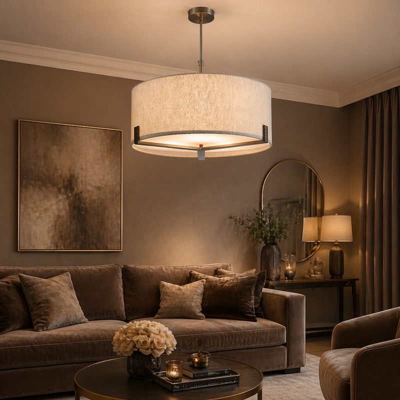 Luxurious living room gently illuminated by a large pendant and soft side lighting.