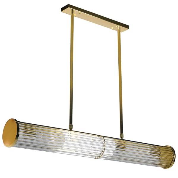 Long glass tubular light, set on two giklt bars and a gilt coloured roof plate.&nbsp; The ends of the long bar are closed by two round gilt discs.&nbsp; The light is illuminated by four E14 bulbs. The perfect kitchen island light, simple but so stylish.&nbsp; The gilt tones of the metal and the elegant glass create a real statement light for a gleaming marble island counter top. 