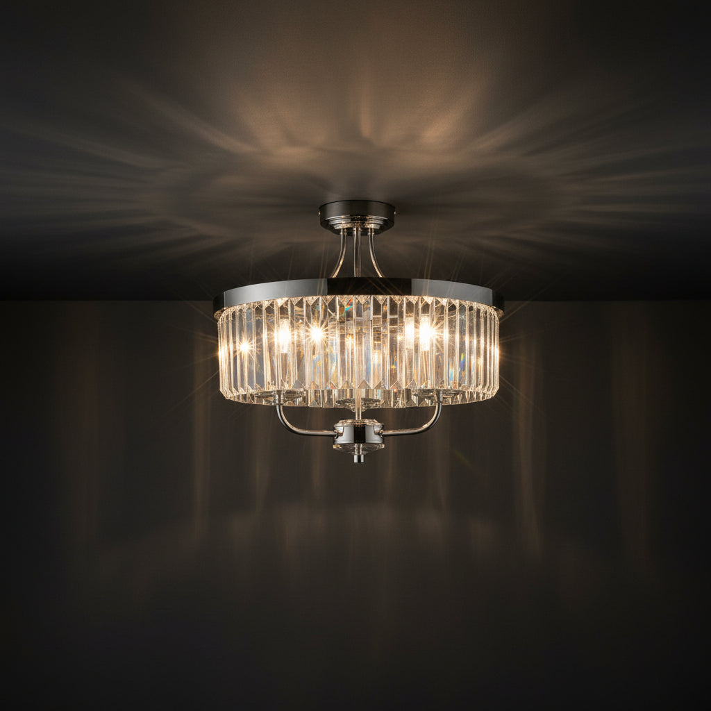 Brushed nickel chandelier with clear crystal prisms, semi-flush mount design, ideal for living rooms and bedrooms, SKU: DXI264022