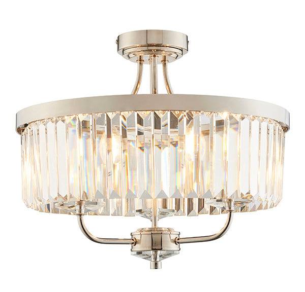 Brushed nickel chandelier with clear crystal prisms, semi-flush mount design, ideal for living rooms and bedrooms, SKU: DXI264022