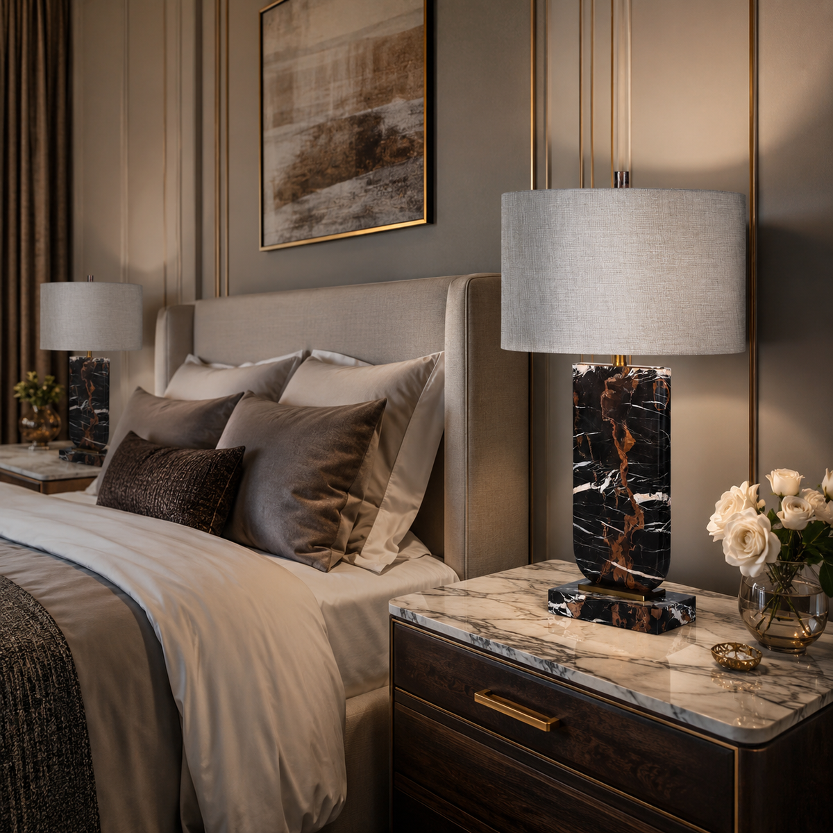Elegant bedroom with beige upholstered headboard, marble side table, and black veined marble table lamp with grey linen shade