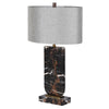 Marble table lamps are so luxurious and this dark veined marble base is no exception, the column of the lamp is set into a rectangular base of marble in the same colour.&nbsp; The column has a brass connector to the top and at the base.&nbsp; The shade is a cool grey colour in a woven textured fabric,&nbsp; giving a soft unstructured appearance.&nbsp; The lamp has a modern luxury aesthetic perfect in a sitting room, bedroom stunning in an office. Luxury lighting.&nbsp;

H: 70 cm&nbsp; W: 43 cm&nbsp; D:&nbsp