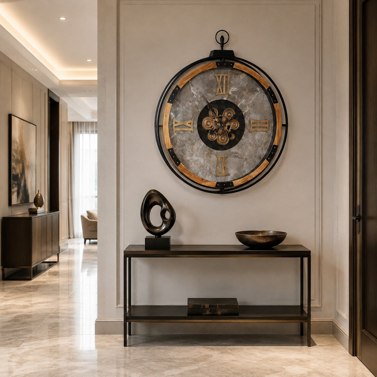 Large industrial wall clock with a grey marbled face, exposed moving cogs, Roman numerals, and a warm wood-effect inner frame in a modern living space