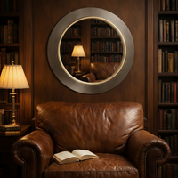 Brown leather armchair with an open book, placed against a wooden wall with a round mirror and bookshelves.
