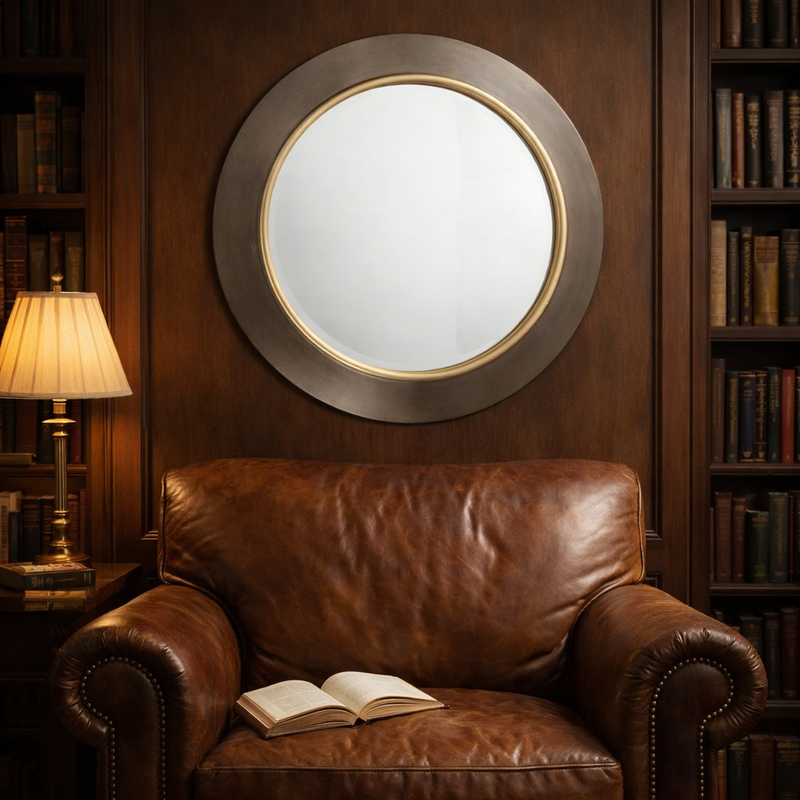 Brown leather armchair with an open book, placed against a wooden wall with a round mirror and bookshelves.