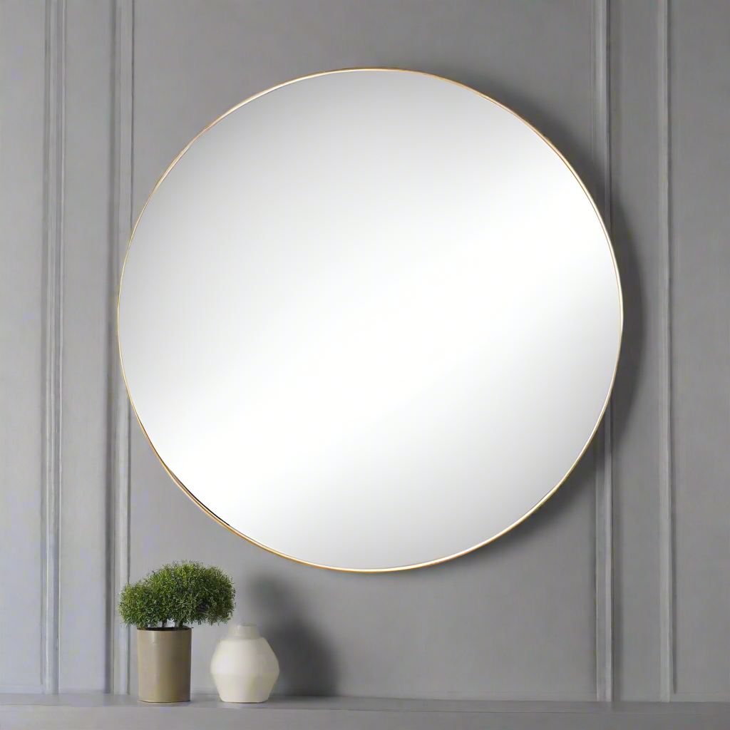 The slim gilt frame on this mirror just accentuates the beauty of large glass, a lot of mirror in a simple, elegant, round. The mirror is perfect for a hall, bedroom or bathroom. 