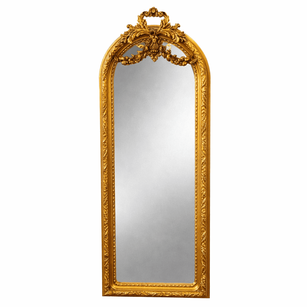 Medium-height arched wall mirror with a sculpted gold frame and floral swag crest, ideal for traditional interiors, hallways, bedrooms, or boutique displays.