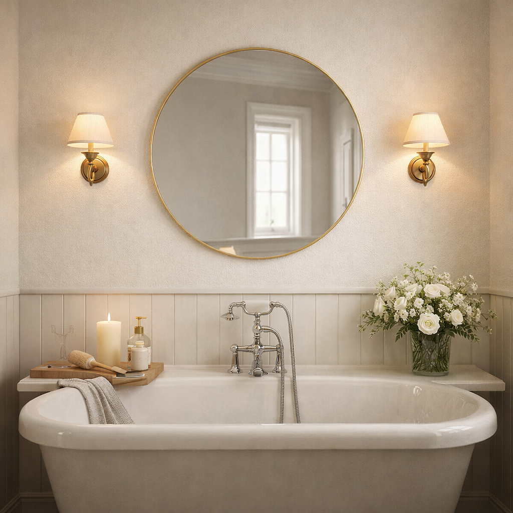 The mirror is placed over a free-standing bath in a traditional but luxurious bathroom with wall lights on either side to enhance the walls.