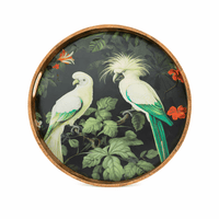 Decorative medium size exotic bird tray lacquered wood, on a neutral background.