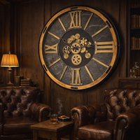 Oversize clock with moving cogs wall decor in vintage industrial style