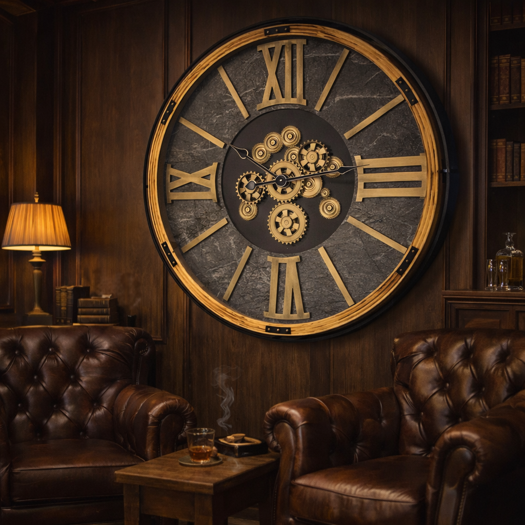 Oversize clock with moving cogs wall decor in vintage industrial style