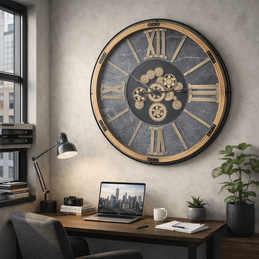 Oversize clock with moving cogs wall decor in modern office
