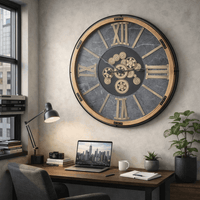 Large wall clock with gear design in a home office setting