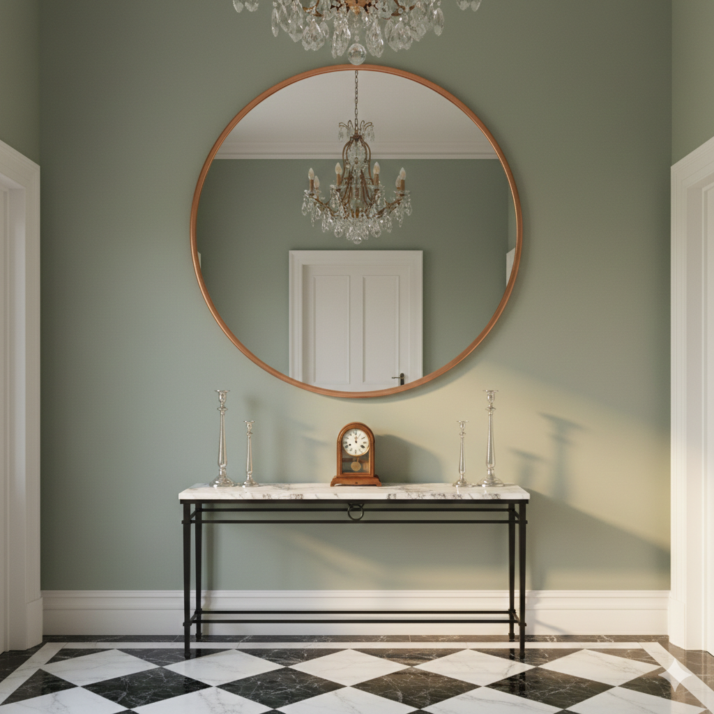 In a luxurious hall, over a marble  console with chandelier and tiled floor .