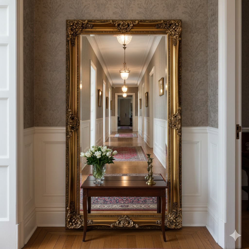 Mirror placed at the end of a hall in a traditional setting, reflecting a long gallery.