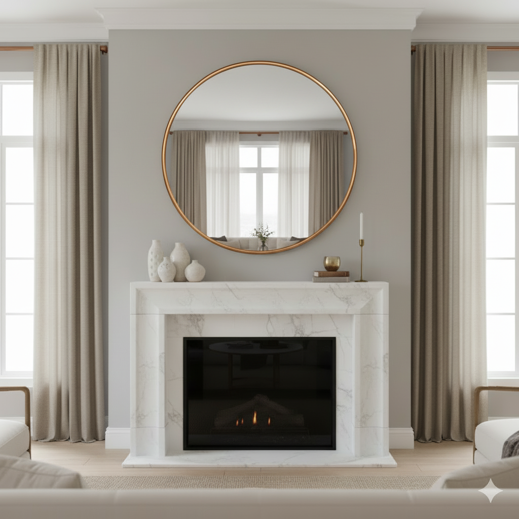 Hung in an apartment setting over a modern marble fireplace in a sitting room with tall floor to ceiling windows. 