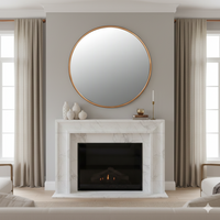 Hung in an apartment setting over a modern marble fireplace in a sitting room with tall floor to ceiling windows. 