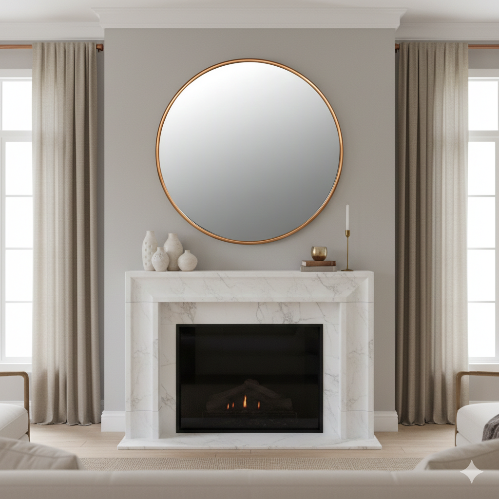 Hung in an apartment setting over a modern marble fireplace in a sitting room with tall floor to ceiling windows. 