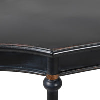 Exceptionally long, black, curved console table, The curved metal top on four slender legs, turned at the top with a gilt band. A modern take on a Georgian table. A great table for a country house or a period house in the city.