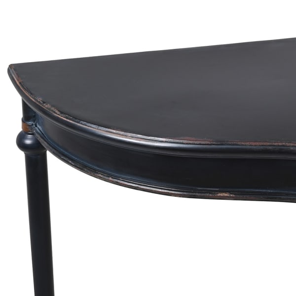 Exceptionally long, black, curved console table, The curved metal top on four slender legs, turned at the top with a gilt band. A modern take on a Georgian table. A great table for a country house or a period house in the city.
