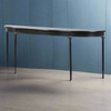Exceptionally long, black, curved console table, The curved metal top on four slender legs, turned at the top with a gilt band. A modern take on a Georgian table. A great table for a country house or a period house in the city.
