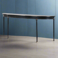 Exceptionally long, black, curved console table, The curved metal top on four slender legs, turned at the top with a gilt band. A modern take on a Georgian table. A great table for a country house or a period house in the city.