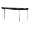 Exceptionally long, black, curved console table, The curved metal top on four slender legs, turned at the top with a gilt band. A modern take on a Georgian table. A great table for a country house or a period house in the city.