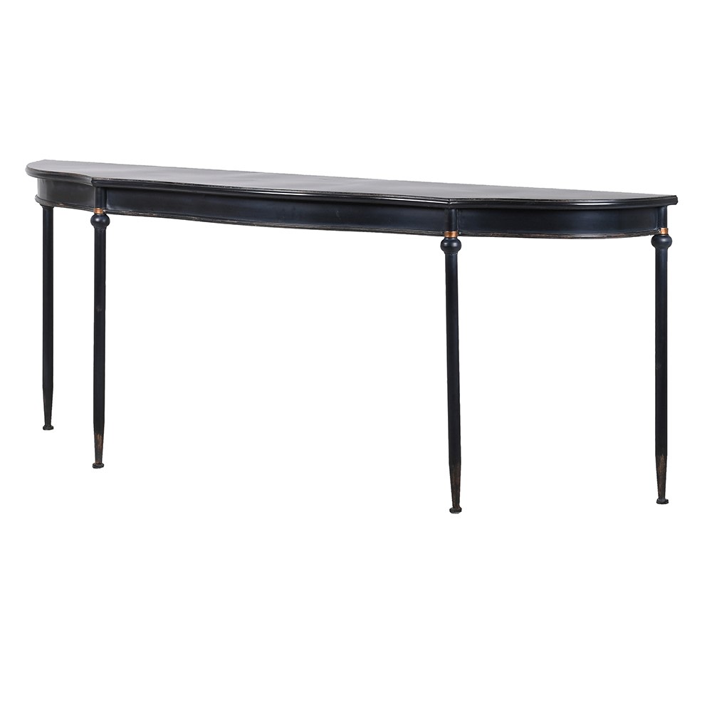 Exceptionally long, black, curved console table, The curved metal top on four slender legs, turned at the top with a gilt band. A modern take on a Georgian table. A great table for a country house or a period house in the city.