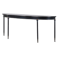 Exceptionally long, black, curved console table, The curved metal top on four slender legs, turned at the top with a gilt band. A modern take on a Georgian table. A great table for a country house or a period house in the city.