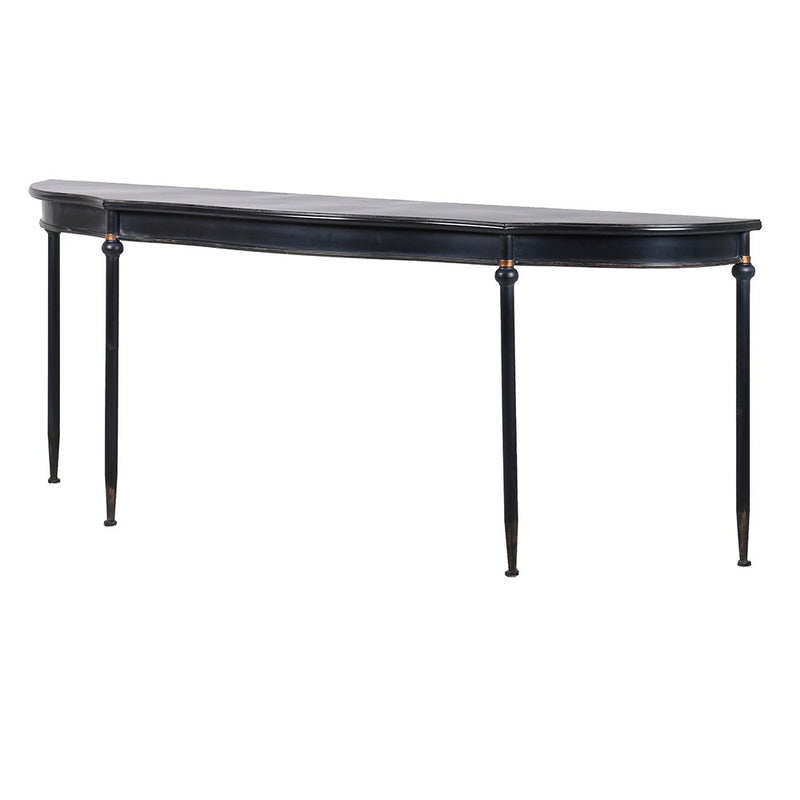 Exceptionally long, black, curved console table, The curved metal top on four slender legs, turned at the top with a gilt band. A modern take on a Georgian table. A great table for a country house or a period house in the city.