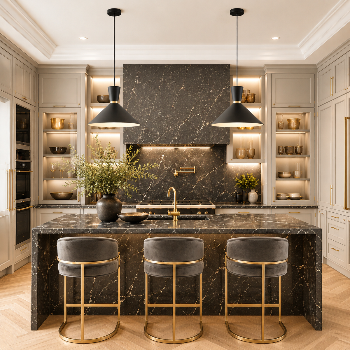 Modern kitchen with marble island, bar stools, and pendant lights.