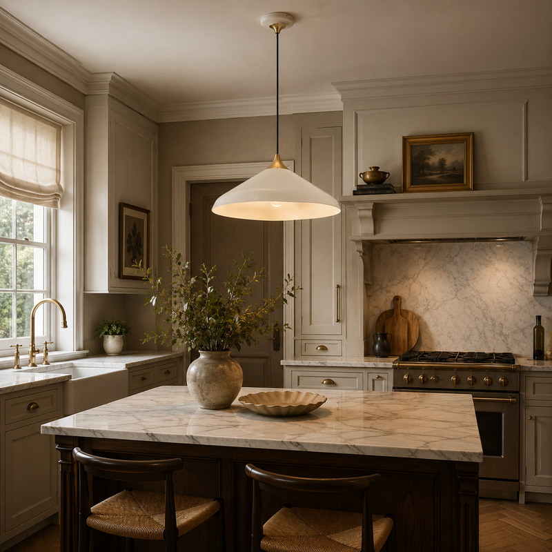 Modern kitchen with marble island, pendant light, and decorative elements.