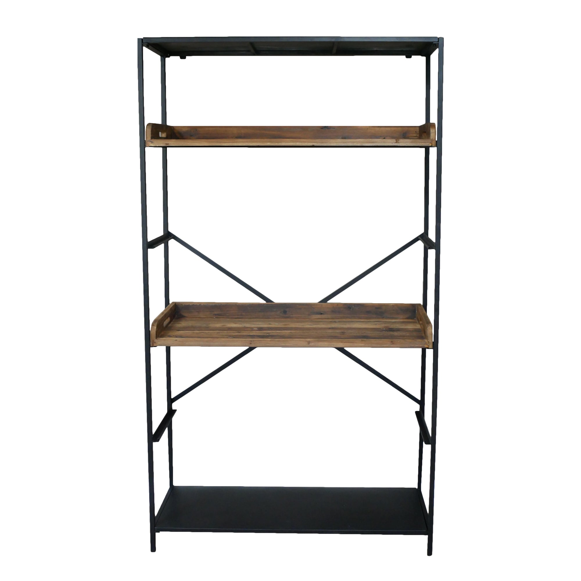 Made from iron and reclaimed wood. Two shelves in total can be moved into various positions, this is the most useful storage in any room.