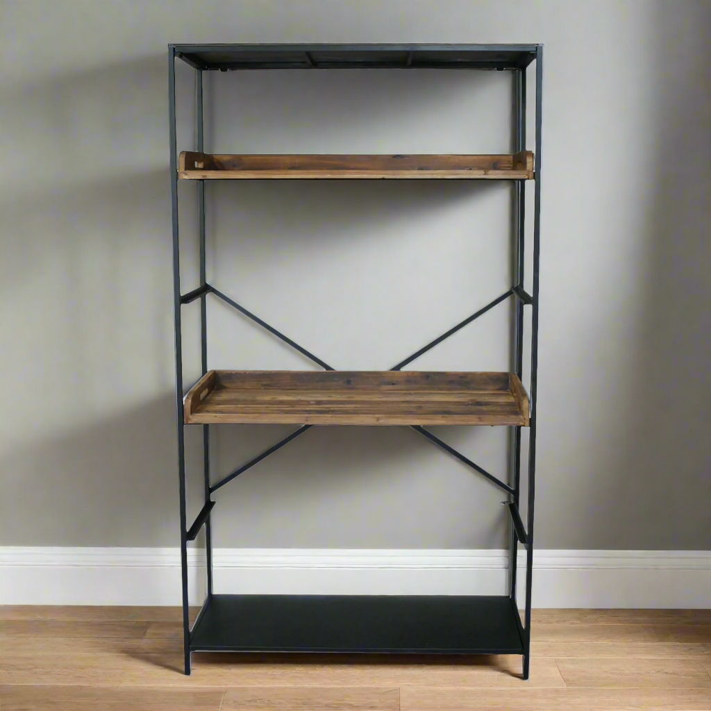 A metal and wooden shelving unit with two shelves and a black frame.