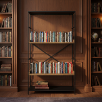 A metal and wooden shelving unit with two shelves and a black frame. In a library room