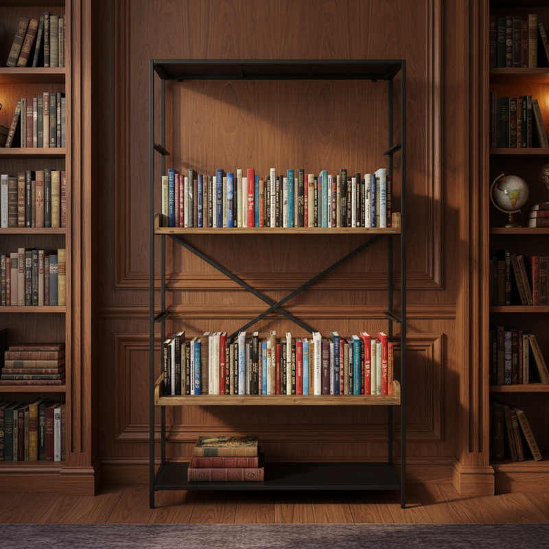 A metal and wooden shelving unit with two shelves and a black frame. In a library room
