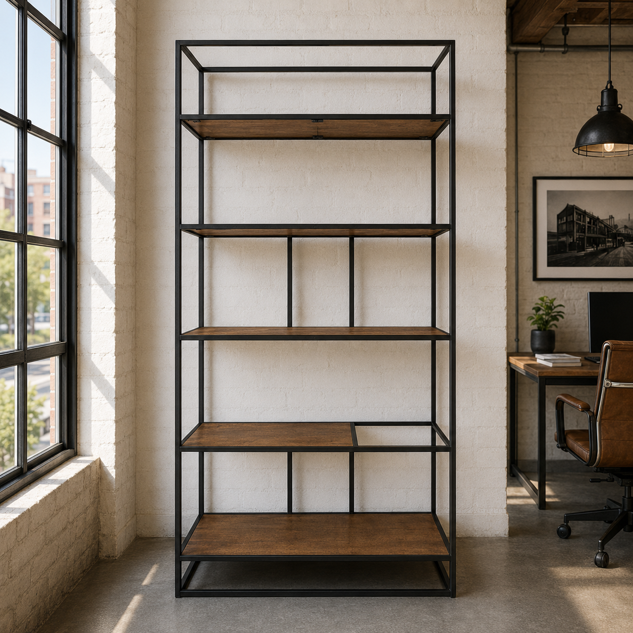 Tall black metal shelf with wooden shelves in a room with large windows and a desk.