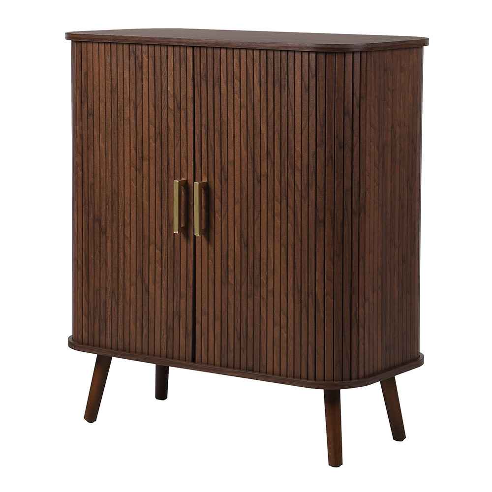 fluted wooden cabinet, mid-century cabinet, compact storage unit, wooden side cabinet, hallway storage, brass handle cabinet, ribbed door cabinet