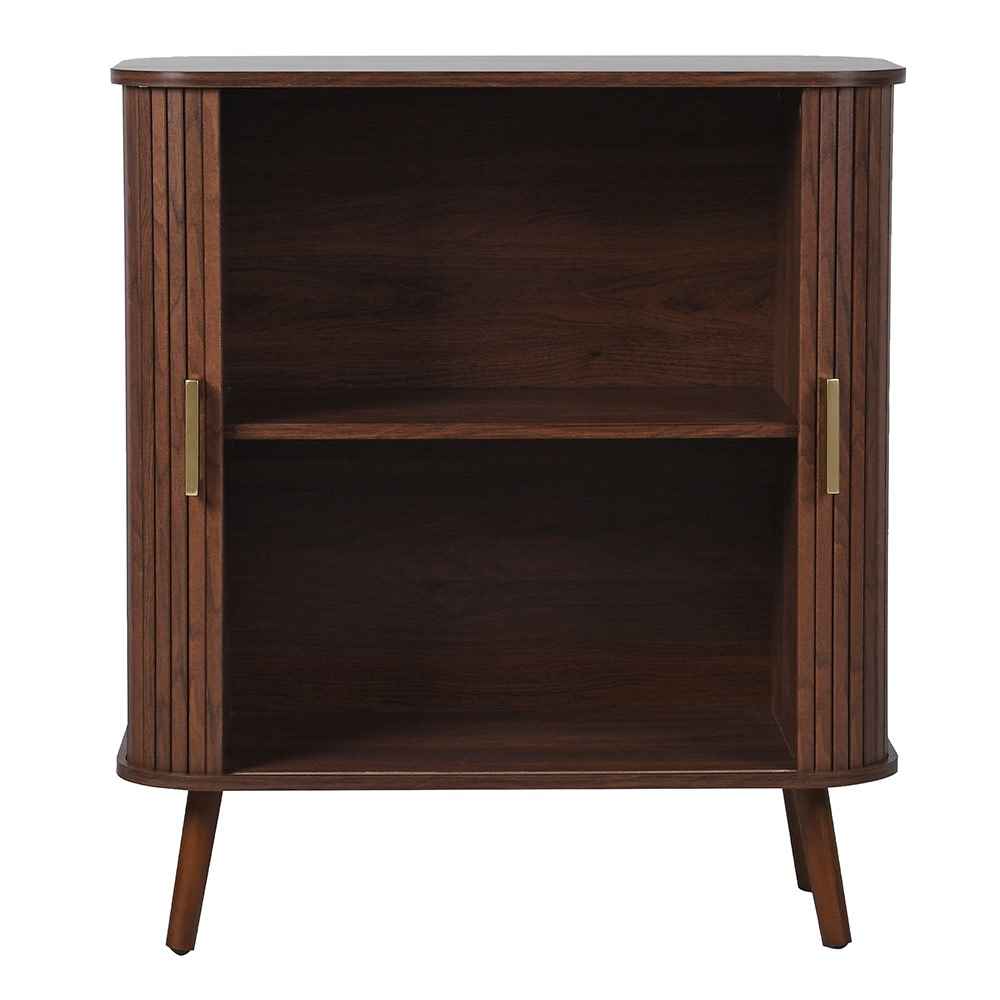 fluted wooden cabinet, mid-century cabinet, compact storage unit, wooden side cabinet, hallway storage, brass handle cabinet, ribbed door cabinet