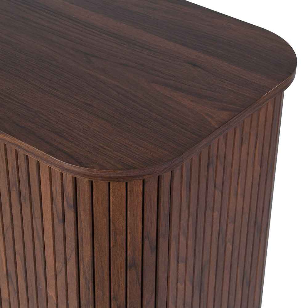 fluted wooden cabinet, mid-century cabinet, compact storage unit, wooden side cabinet, hallway storage, brass handle cabinet, ribbed door cabinet
