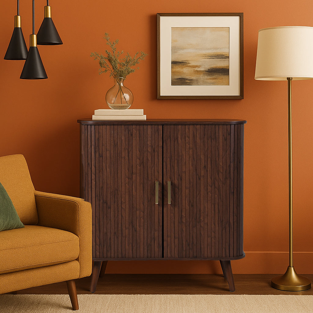 fluted wooden cabinet, mid-century cabinet, compact storage unit, wooden side cabinet, hallway storage, brass handle cabinet, ribbed door cabinet