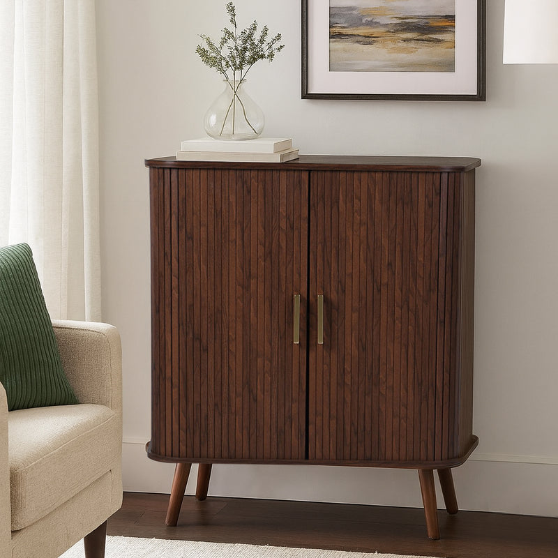 fluted wooden cabinet, mid-century cabinet, compact storage unit, wooden side cabinet, hallway storage, brass handle cabinet, ribbed door cabinet