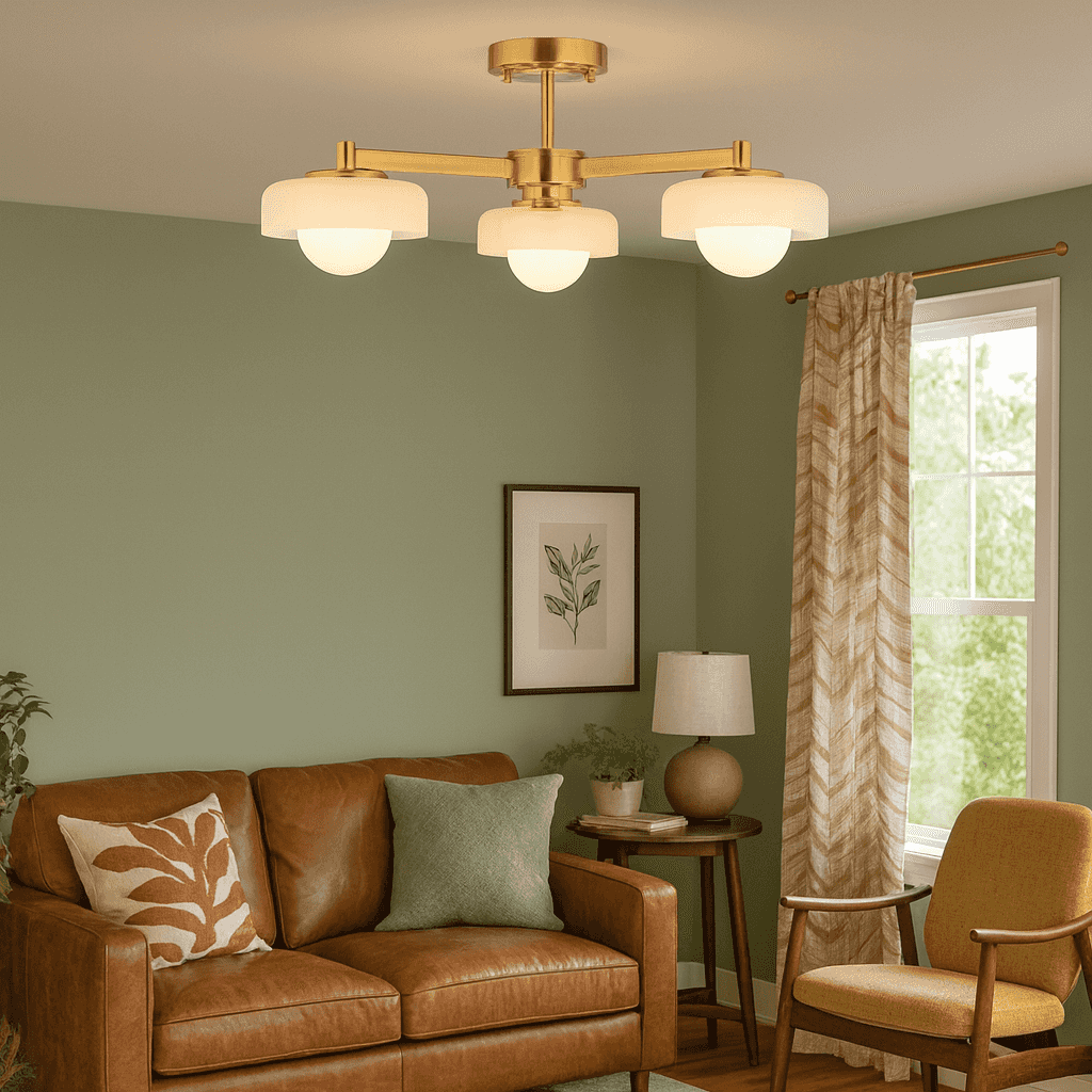 Mid-century style three globe ceiling light with brushed gilt metal frame and opal glass shades in a living room