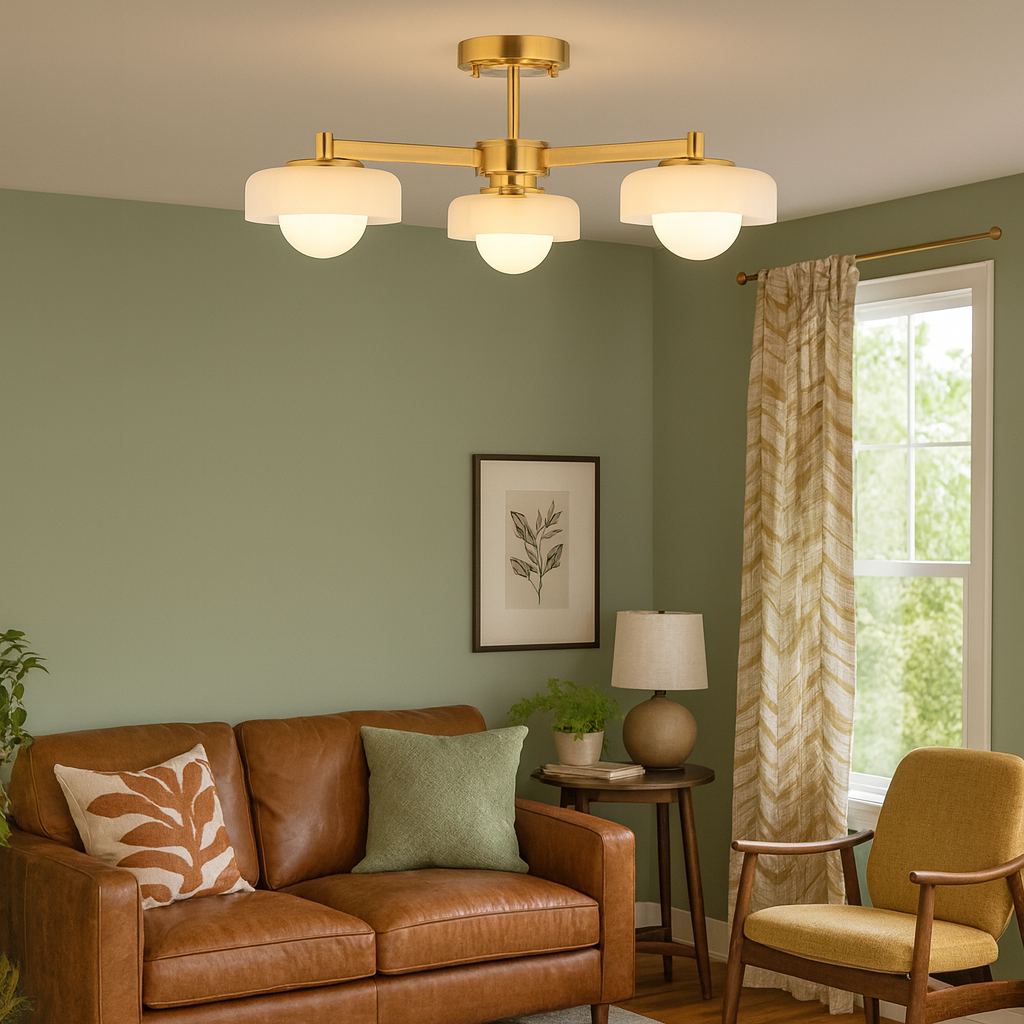 Mid-century style three globe ceiling light with brushed gilt metal frame and opal glass shades by Decorexi