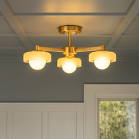 Mid-century style three globe ceiling light with brushed gilt metal frame and opal glass shades by Decorexi