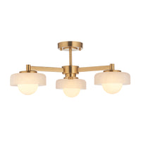 Mid-century style three globe ceiling light with brushed gilt metal frame and opal glass shades by Decorexi