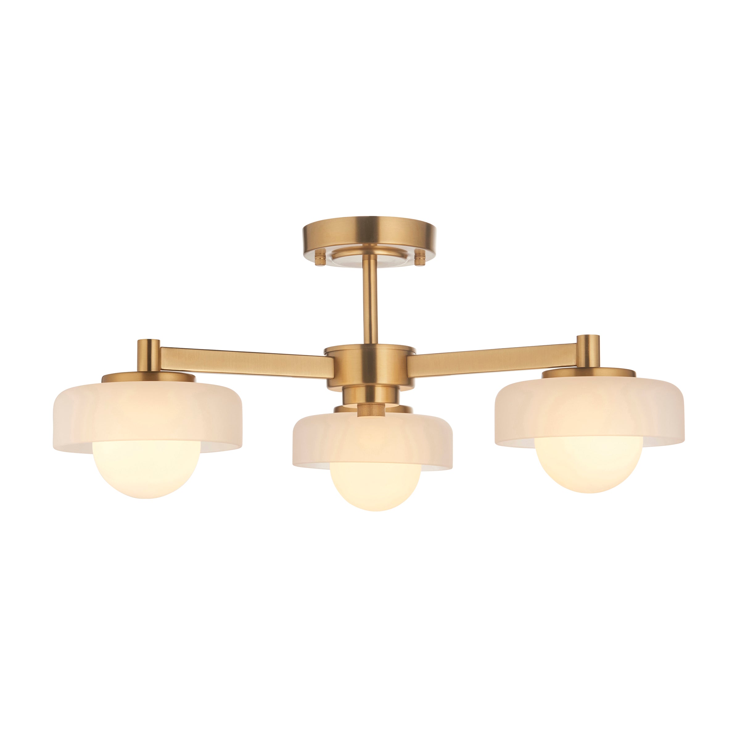 Mid-century style three globe ceiling light with brushed gilt metal frame and opal glass shades by Decorexi