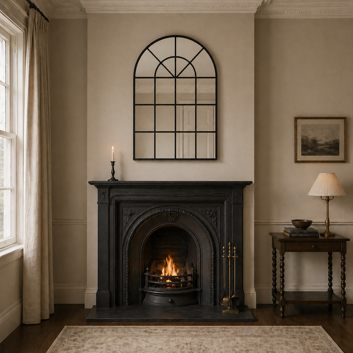 Cozy living room with a fireplace, mirror, and side table.