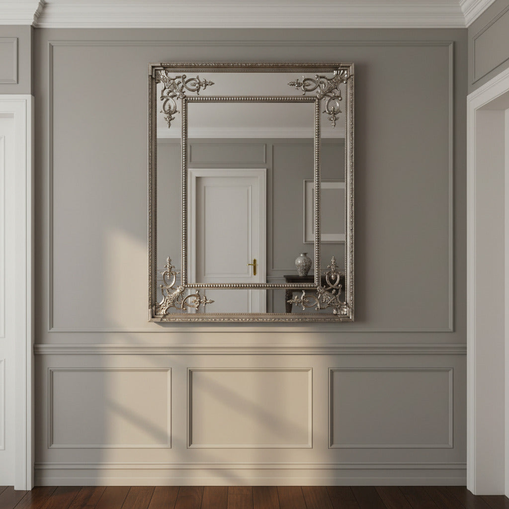 Silver gilt coloured, bevelled glass panels,  French mirror displayed in a classic period hallway.